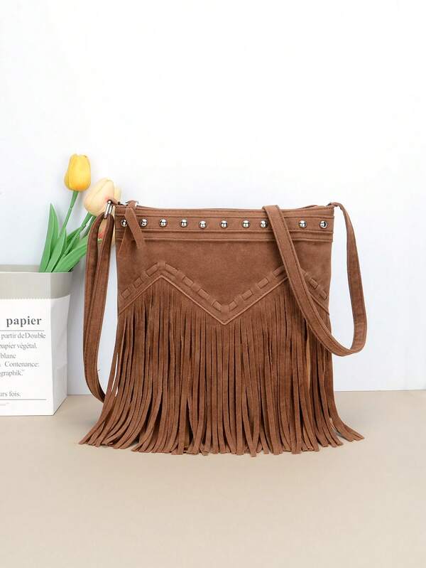 1PC Vintage Fringe Bag For Women Faux Suede Crossbody Bags, Casual Ladies Handbags Tassel Shoulder Bags For Daily Used & Gift
