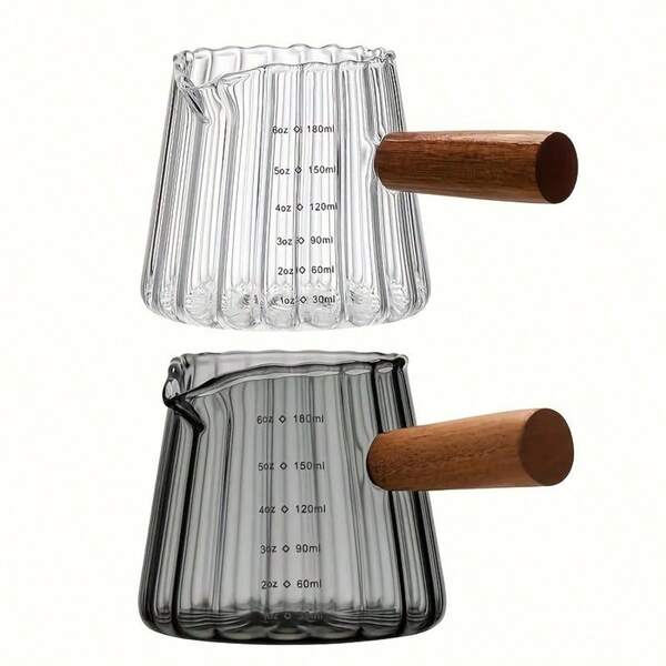180ml Thick Heat-Resistant Glass And Natural Solid Wood Handle Double Mouthed Milk Cup, Italian Coffee Espresso Cup, Measuring Cup, Vertical Pattern Latte Art Milk Tank, Mini Hand Brewed Coffee Accessories, Professional Coffee Shop With Scale And Temperature Measurement For Home Use