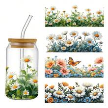 4pcs Flower Themed Rub Ons UV DTF Transfer Stickers, With Bright Flower Art Stickers, Suitable For, Cups, Bottles DIY Furniture, Glass, Glassware, Bottles And Crafts - Multicolor - View 11