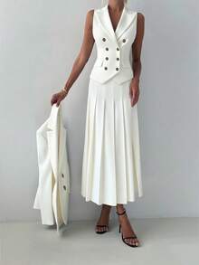 3 PiecesWomen's Elegant Business Casual Suit: Autumn/Winter Blazer, Spring/Summer Fitted Vest, And Mid-Length Pleated Skirt, Suitable For Office, Formal Occasions, And Commuting - White - View 2