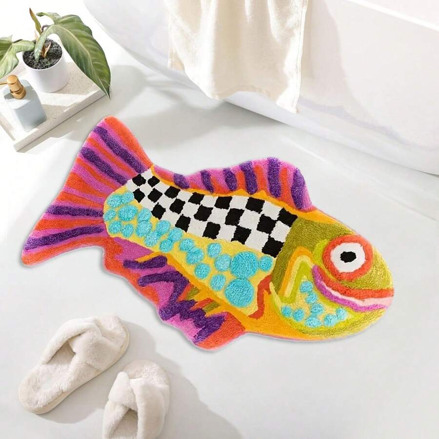 1 件可爱动物图案趣味浴室房间装饰地毯，防滑背衬可洗地垫，柔软吸水浴室淋浴浴缸卧室装饰理想地毯，有趣的笑脸鱼