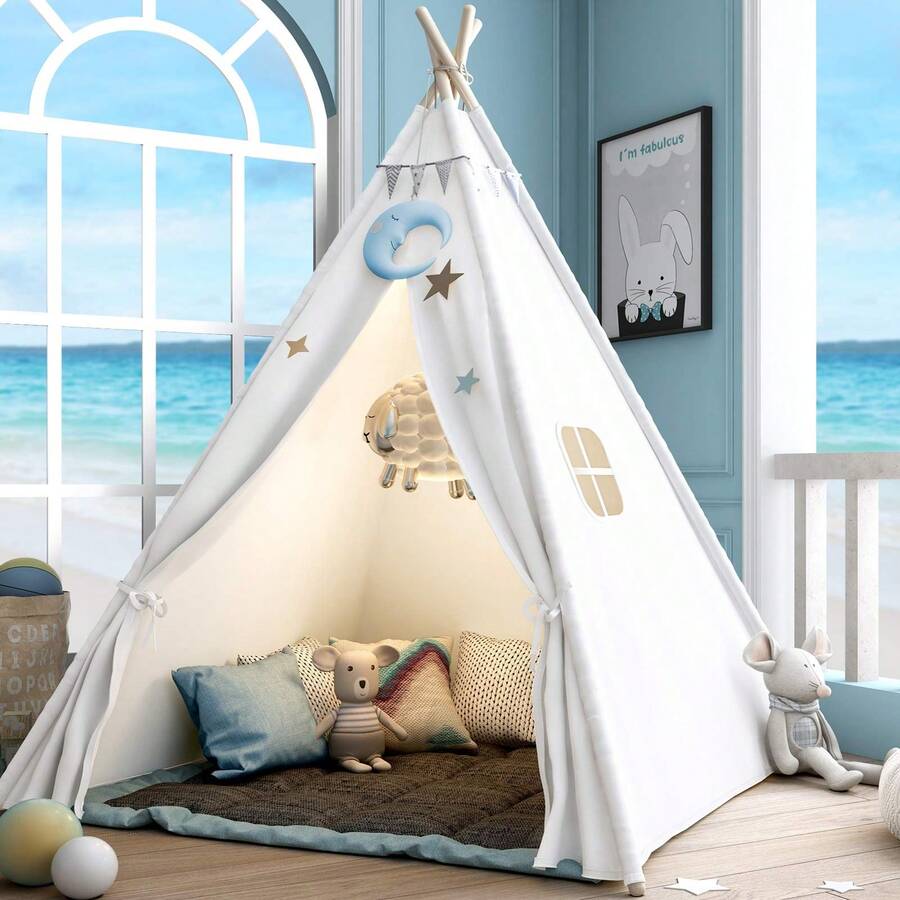 BDQ Tiny Land Teepee Tent For Kids – 100% Cotton Play Tent With Padded Mat & Star Lights, Foldable With Carry Bag, Indoor Play Tent For Girls & Boys,Gifts For Indoor And Outdoor Games Of Infants And Toddlers - 白色 - 查看 1