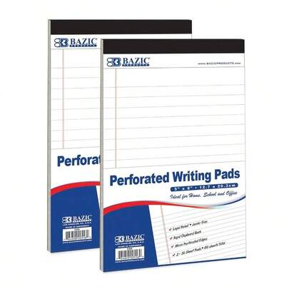 BAZIC Perforated Writing Pad, 50 Sheets 5x8 Inch, White Jr. Lined Ruled Memo Writing Pads Note Paper Office School Student, Total 2 Count