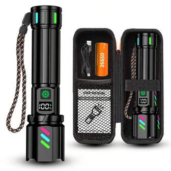 1pc Rechargeable High Brightness LED Flashlight With Digital Display, Aluminum Alloy, Suitable For Easter, Christmas, Carnival, Halloween, Thanksgiving