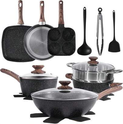 Sweetcrispy Sweetcrispy 17 Pcs Pots And Pans, Kitchen Cooking Set With Stay-Cool Handles,Kitchen Induction Cookware Suit With Detachable Handle, Black