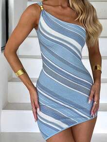 Women's Summer Mini Dress One Shoulder Spaghetti Strap Sleeveless Striped Bodycon Dress - Blue - View 4