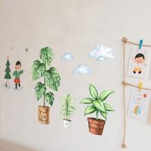 Autocollants muraux de plantes vertes en pot à l'aquarelle, autocollants muraux décoratifs en PVC amovibles à grandes feuilles vertes, décoration murale de nuages, décoration de printemps pour la maison, la chambre à coucher, le salon, l'arrière-plan TV, le bureau, la salle de classe, décoration murale