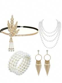 1920 Makeup Ball Accessories Party Feather Alloy Headband Pearl Necklace Set - Multicolor - View 2