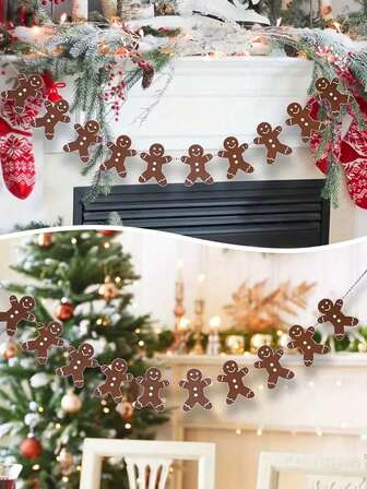 1 件姜饼人三角旗横幅，圣诞树装饰，适合派对场景、壁炉、窗户、墙壁、新年、家居、花园户外装饰、节日气氛、圣诞节