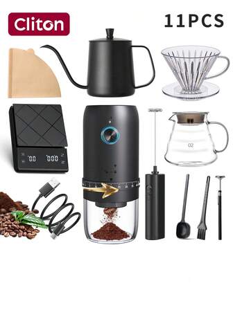 CLITON Elektrische Kaffeemaschinen-Set - beinhaltet 1800mAh elektrischen Kaffeemühle, batteriefrei elektrischer Milchaufschäumer, Edelstahl Gießkanne, Kunststoff Filterbecher, geteilter Kaffeekanne, 50 Filterpapiere, Kaffeelöffel, Reinigungsbürste und Ladekabel | Geeignet für täglichen Hausgebrauch, genießen Sie Ihre Morgenkaffe, Feste (Eid, Ramadan, Geburtstag), Einweihungsparty und Verwöhnen Sie sich selbst