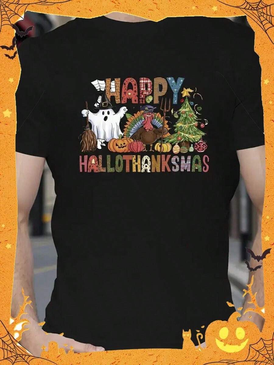 Men'S 100% Thanksgiving Graphic T-Shirt - Happy HALLOWTHANKSMAS Print With Turkey, Pumpkin & Autumn Leaves Design, Slightly Stretchy Round Neck Short Sleeve Casual Shirt For Fall, Halloween & Tha,Nightmare Before Christmas,Christmas,Halloween Costumes,Funny T Shirts,Summer Outfits,Thanksgiving Day,Men Graphic Tees,Streetwear Men - 黑色 - 查看 1