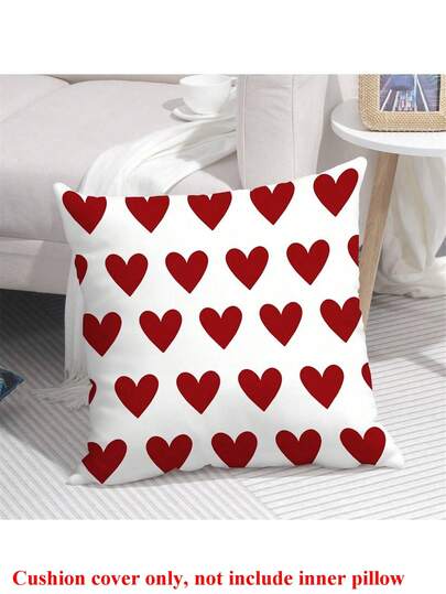 1pc Valentine's Day White Background Red Heart Pattern Cushion Cover, Romantic Square Pillow Case For Living Room Bedroom Sofa Decoration, Girlfriend Gift On Anniversary