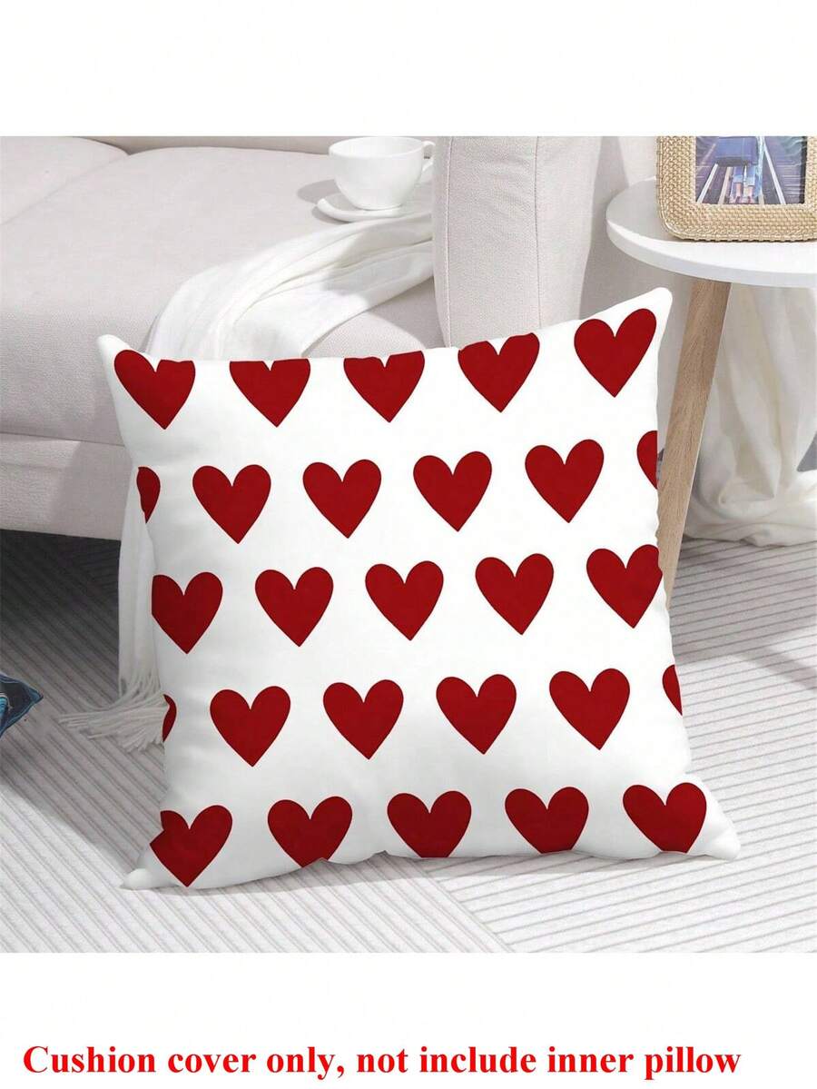 1pc Valentine's Day White Background Red Heart Pattern Cushion Cover, Romantic Square Pillow Case For Living Room Bedroom Sofa Decoration, Girlfriend Gift On Anniversary - Red and White - View 1