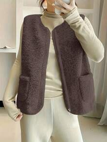 女士纯色羊羔绒拉链前袋修身轻薄背心外套，秋冬季 - 咖啡棕 - 查看 2