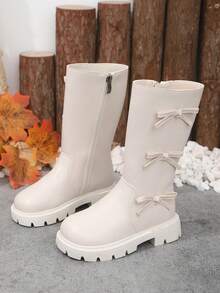 1 Pair Toddler Girls' Soft & Comfortable Cream White Tall Boots, Bow Decor, Side Zipper, Round Toe, Warm Lining, Fashion Leather Boots, Suitable For 3-15 Years Old Students, Daily, Vacation, Campus, Autumn/Winter