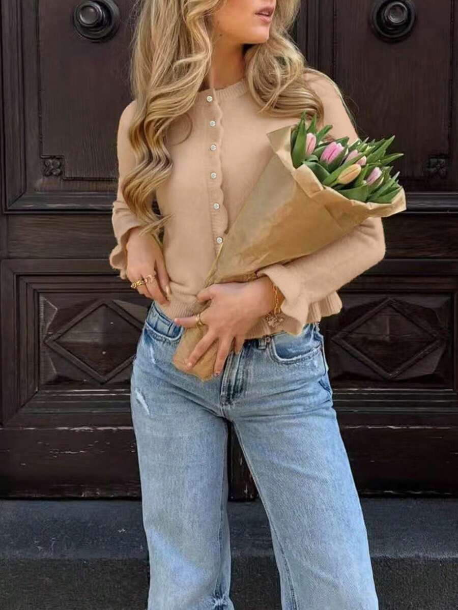 Cárdigan de punto para mujer de otoño/invierno, nueva llegada - de vuelta a la escuela - estilo de moda minimalista casual, básico con botones, volantes en el bajo, bajo asimétrico, puños de punto ajustados, para la oficina, salir, viajes, Año Nuevo, Navidad - Caqui - Ver 1