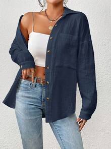 2026 Must-Have For The New Year Women's Elegant Shirt - Solid Color Long Sleeve Top With Button Front Collar, Machine Washable, Perfect For Fall/Spring Casual And Semi-Formal Looks, Structured Cut For Layering, Warm And Stylish Casual Wear, Chic And Versatile Women's Fashion Shirt, Women's Shirts, Long Sleeve Shirts And Tops, High Quality Women's Shirts, Women's Tops - 藍色 - 查看 3