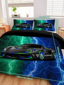 3 件赛车床上用品套装，舒适床单 - 1 件羽绒被套和 2 件枕套，采用亲肤 100% 涤纶纤维制成，涤纶面料，无填充物，适合所有季节，卧室或宿舍，旅行的理想选择 - 彩色 - 查看 16