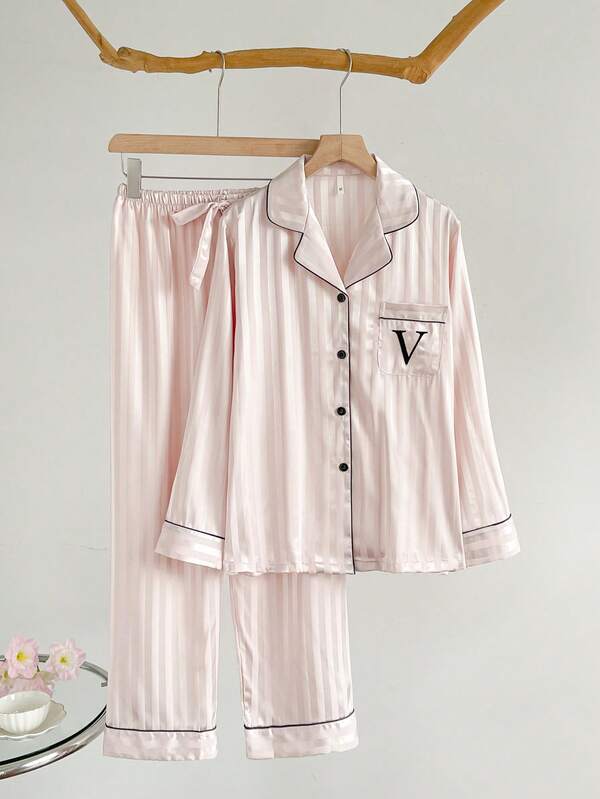 Set pigiama da donna con top a maniche lunghe e pantaloni a righe rosa, colletto a bavero, 2 pezzi, completo, abbigliamento autunnale