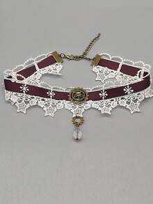 1pc Lace Collar, Steampunk Star Burgundy Satin Ribbon Black & White Lace Choker Necklace - Multicolor - View 9