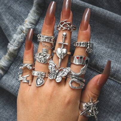 12Pcs/Lot Fashion Punk Vintage Women Men Rings Skeleton Butterfly Snake Heart-Shaped Frog Style Halloween Party Friends Gathering Holiday Gifts Daily Wearing Accessories