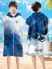 1 Piece Microfiber Hooded Towel Robe For Kids, Zip Up Swim Beach Cover Up For Girls Boys, Cute Mermaid, Cat, Manta Ray Patterns, Surf Poncho Changing Bath Towel