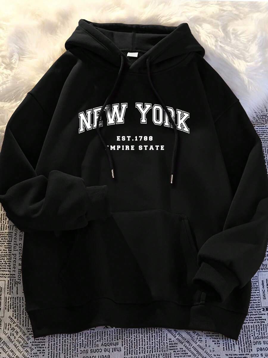 Felpa oversize con lettere di New Yorker e tasca - Pullover invernale morbido e caldo, maglione casual per autunno/inverno, lavabile in lavatrice, stile urbano (NYC) WWBA - nero - Visualizzare 1