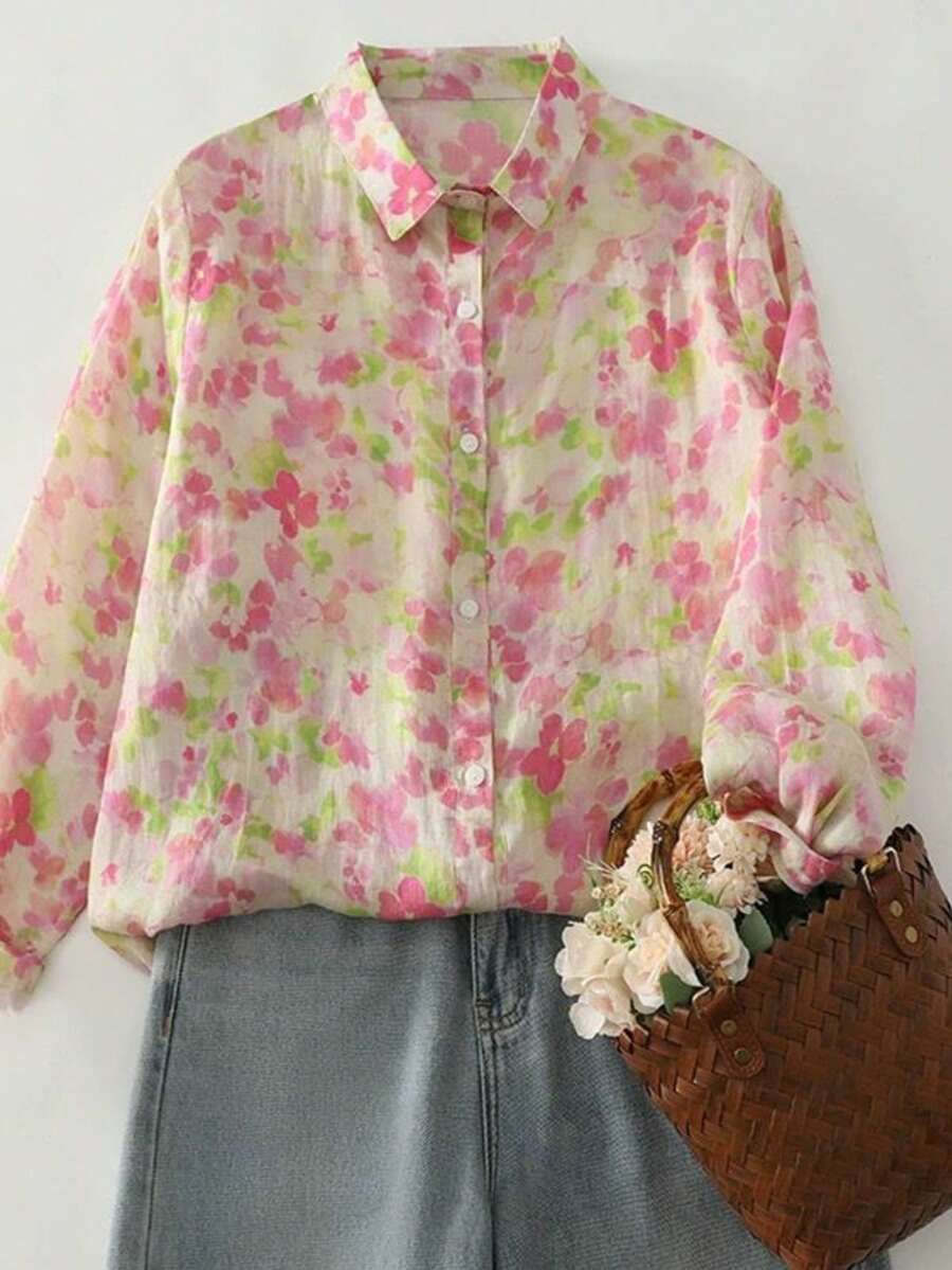 Women's Casual Loose Allover Print Shirt For Vacation Pink Spring - Pink - View 1