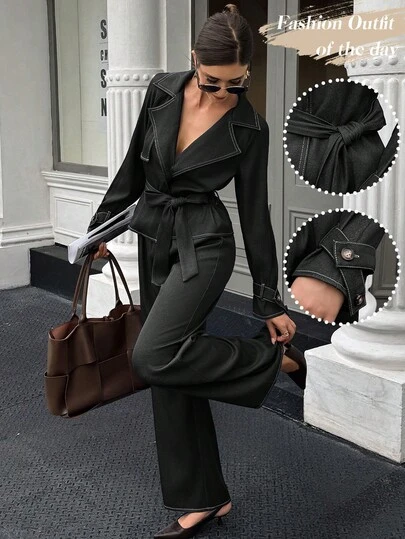 Doriss 2Pcs Cinching Waist Tie Front Denim-Inspired Long Sleeves Set, Fall & Winter, Fall Women Clothes, New Year, Business Casual Woman, Office Siren, Sexy Goddess