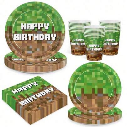 10pcs/20pcs/50pcs/Set,Green Pixel Theme Birthday Party Decoration Disposable Tableware Pixel Party 9"7" Paper Plates And Napkins 9oz Paper Cups - Video Game Party Supplies, Pixel Theme Paper Plates And Napkins For Birthday Party Tableware Decoration