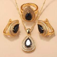 18K Gold Plated Elegant Minimalist Water Drop Jewelry Set, Includes Earrings, Necklace Pendant, Adjustable Ring, Synthetic Cubic Zirconia, Bridal Wedding Fashion Accessories, Suitable For Daily Wear, Christmas, Halloween, Thanksgiving, Valentine's Day, Anniversary