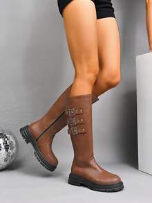 女士休闲舒适厚底系带圆头保暖踝靴，秋冬时尚 - 棕色 - 查看 4