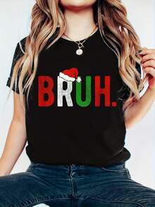 Camiseta de manga corta de Navidad con bastón de caramelo - Camiseta impresa con letras de Feliz Navidad y copos de nieve, 100% algodón, top de mujer de otoño de Navidad - Rojo - Ver 1