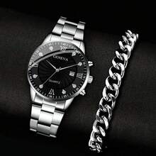 2pcs Men's Silver Watch Set: Casual Fashion Men's Watch With Black Dial And Diamond Decor + Cuban Link Bracelet - Valentine's Day, Birthday, Father's Day, Anniversary Gift, Suitable For Business And Daily Wear