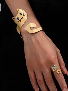 1pc Cute Cartoon Cat Metal Bangle + 1pc Ring, Luxurious And Lovely Jewelry Set For Women, Suitable For Parties, Dating, And Gifting - Yellow Gold - View 10
