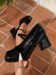 Women's High Heel Pumps, Low Vamp Shoes, Fashion Versatile Mary Jane Shoes, French Style Leather Shoes, Square Toe Chunky Heel Retro French Style Pumps - Black - View 11