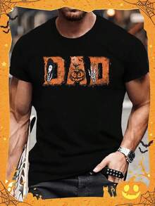 Spooky Halloween DAD Print Men's Casual Short Sleeve T-Shirt, Crew Neck, Summer, Machine Washable, Regular Fit,Nightmare Before Christmas,Christmas,Halloween Costumes,Funny T Shirts,Summer Outfits,Thanksgiving Day,Men Graphic Tees,Streetwear Men - Black - View 1