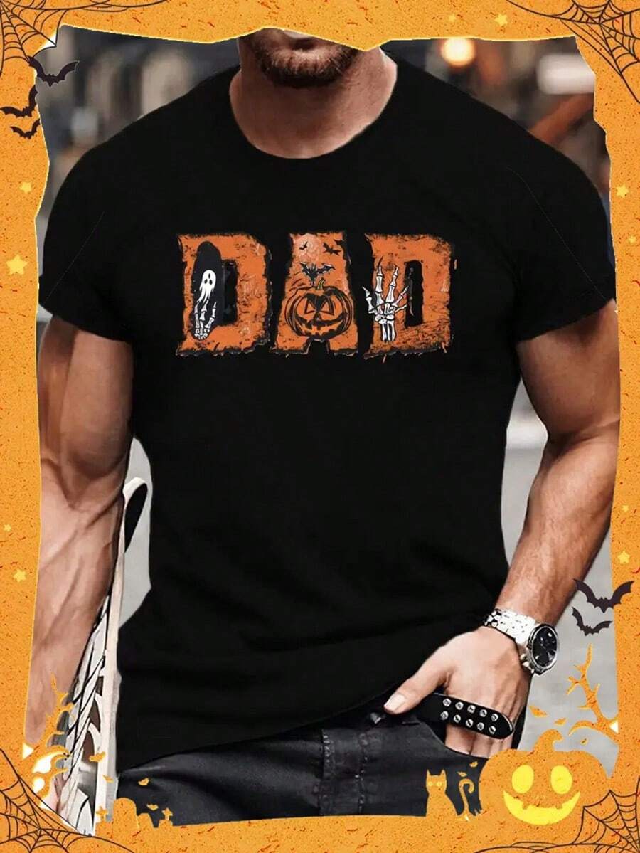 Spooky Halloween DAD Print Men's Casual Short Sleeve T-Shirt, Crew Neck, Summer, Machine Washable, Regular Fit,Nightmare Before Christmas,Christmas,Halloween Costumes,Funny T Shirts,Summer Outfits,Thanksgiving Day,Men Graphic Tees,Streetwear Men - Black - View 1