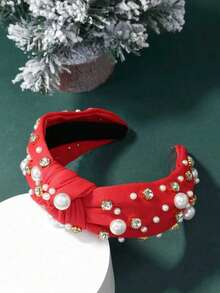 1pc Random Women's Elegant & Fashionable Christmas Vibe Hair Accessory/HeadbanGreen Color Twisted Fabric Headband With Colorful Pearl & Rhinestone Decor, Widened Crown, Suitable For Christmas Party, Hair Band, Hair Hoop