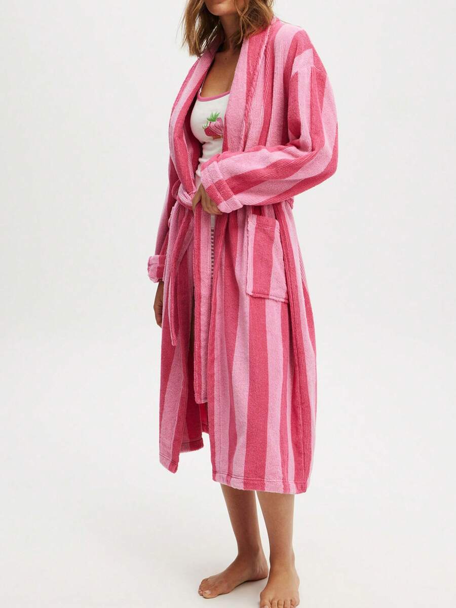 Womens Plush Soft Robe Long Sleeve Belted Striped Bathrobe With 2 Pockets For Spa, Pool - 珊瑚紅色 - 查看 1