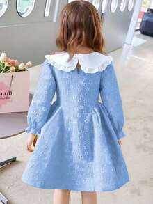 Sunny & Vibrant Girls' Dress, Floral Applique Peter Pan Collar Loose Solid Color Dress, Suitable For Casual, Party, Daily Wear - 藍色 - 查看 2