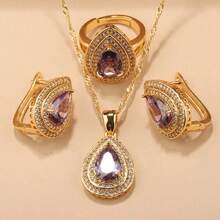 18K Gold Plated Elegant Minimalist Water Drop Jewelry Set, Includes Earrings, Necklace Pendant, Adjustable Ring, Synthetic Cubic Zirconia, Bridal Wedding Fashion Accessories, Suitable For Daily Wear, Christmas, Halloween, Thanksgiving, Valentine's Day, Anniversary