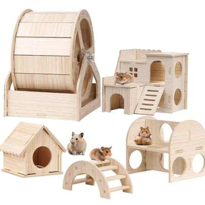 1 peça de castelo de madeira para animais pequenos, casa de brinquedo com roda de corrida, escorregador, esconderijo, escadas de escalada, plataforma, adequado para hamsters, presente de Natal e Ano Novo
