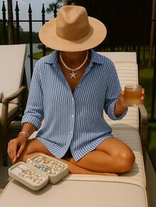 Beachwear Shirt Linen Summer Beach Striped Casual Holiday Linen Beach Holiday Summer - Màu xanh hải quân - Xem 1