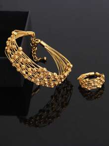 2 piezas Conjunto de pulsera y anillo ajustable chapado en oro de 24k, joyería para mujer, diseño hueco de estilo árabe, joyería apilada de estilo bohemio, conjunto de joyería de moda para mujeres saudíes