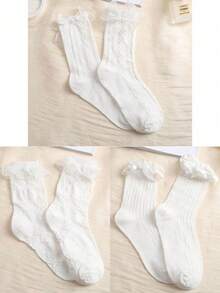 2/3/6双蝴蝶结中筒袜简约白蝴蝶结黑色蕾丝边女袜日式甜美洛丽塔蕾丝JK袜四季袜 - 彩色 - 查看 7