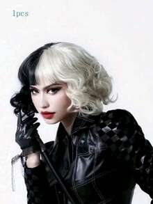 1顶女士时尚黑白阴阳卷发假发，中长款，适合各种角色扮演服装 - 彩色 - 查看 1