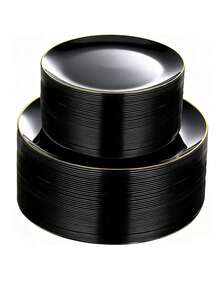 一套25个黑金圆形蛋糕甜点板，包含（7.5英寸/10.25英寸的侧托盘）和高品质水果沙拉板，可重复使用且易于清洁。非常适合婚礼、情人节、生日和节日派对。 - 彩色 - 查看 2