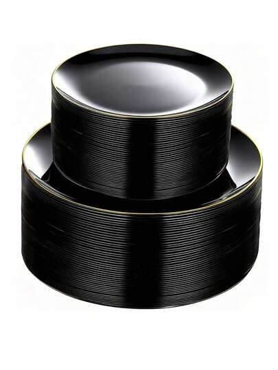 Um conjunto de 25 tábuas de sobremesa circulares em ouro preto, incluindo bandejas laterais de 7,5" e 10,25" e tábuas de salada de frutas de alta qualidade, reutilizáveis e fáceis de limpar. Perfeito para casamentos, Dia dos Namorados, aniversários e festas de fim de ano.