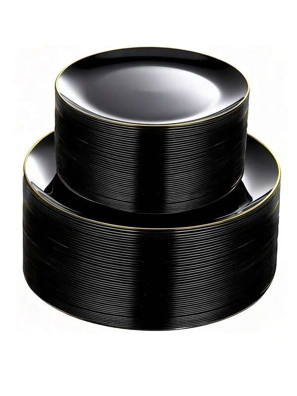 一套25个黑金圆形蛋糕甜点板，包含（7.5英寸/10.25英寸的侧托盘）和高品质水果沙拉板，可重复使用且易于清洁。非常适合婚礼、情人节、生日和节日派对。